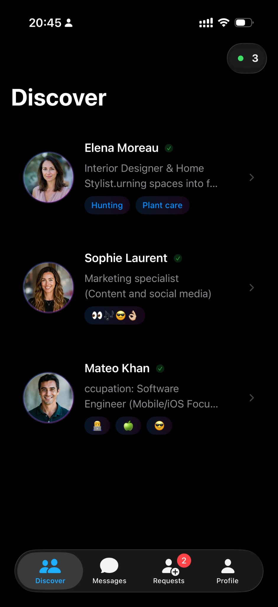 Step 2: Discover screen showing nearby user profiles