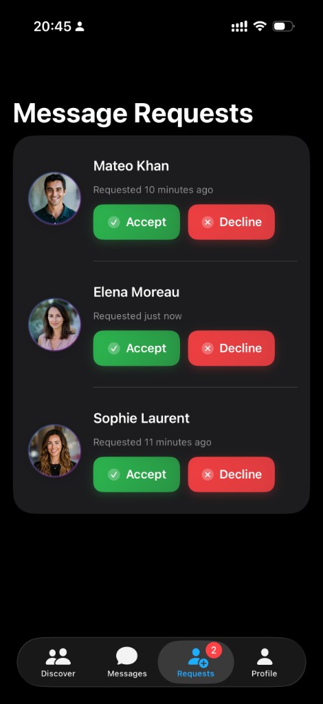 Step 3: Message requests screen with accept and decline options